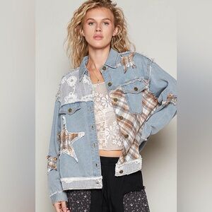 POL NWT Jacket Denim Blue & Brown Star Patch Size small - large